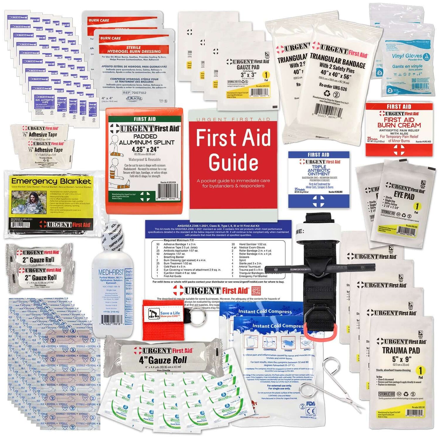 Bulk First Aid Kit, Plastic, 209 Pieces, ANSI B, 50 Person items displayed with a First Aid Guide and various emergency supplies.