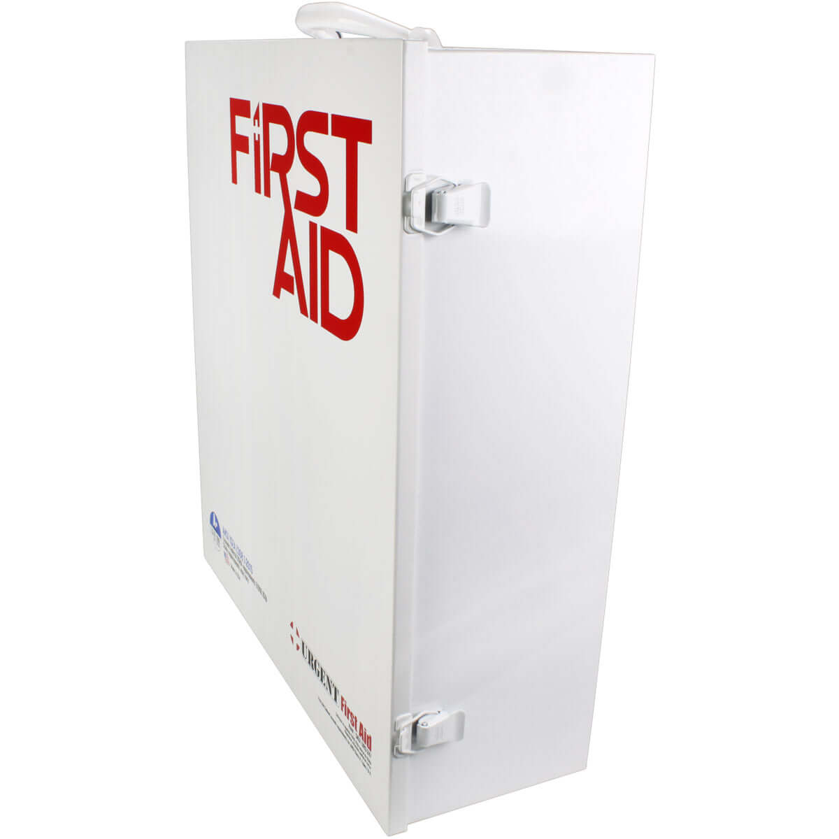 Side profile of white metal case of ANSI A first aid cabinet with 3 shelves of 1st aid and medical supplies including medication.