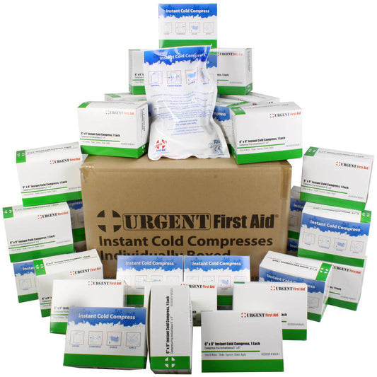 Instant Cold Compress, 6" x 9", Boxed - 32 per case, displayed with boxed cold compresses.