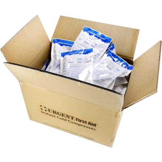 Instant Cold Compress, 6" x 9", Case of 50 displayed in an open box from Urgent First Aid.