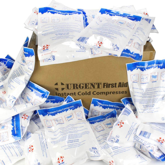 Instant Cold Compress, 6" x 9", Case of 50 packaged for first aid relief in bulk by Urgent First Aid™.