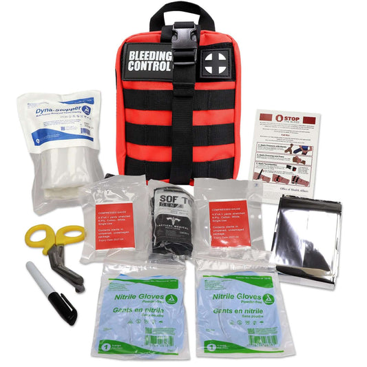 Bleeding Control Kit, Basic Individual, Red Molle Bag with essential first aid supplies and tools