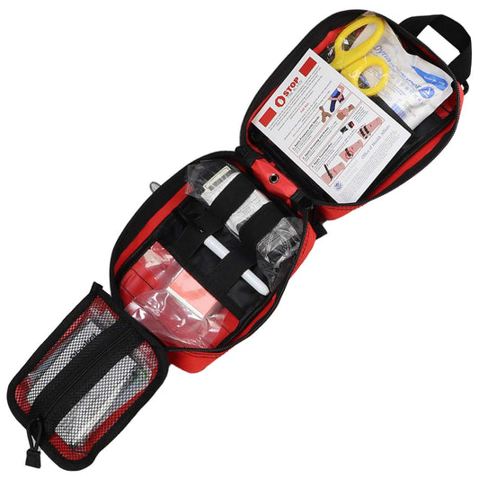 Bleeding Control Kit, Basic Individual, Red Molle Bag open to display first aid supplies for severe bleeding.