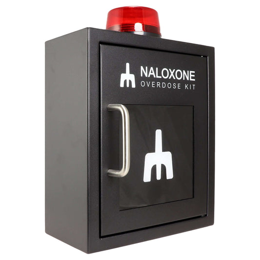 Naloxone Overdose Cabinet, Alarm and Strobe Light, Black, Metal for emergency use in public spaces.