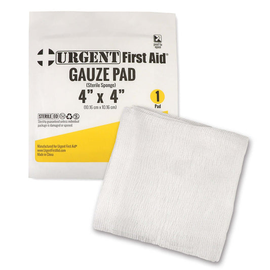 Gauze Pad, Sterile 1's, 4" x 4", 12 Ply packaging and pad for first aid wound care.