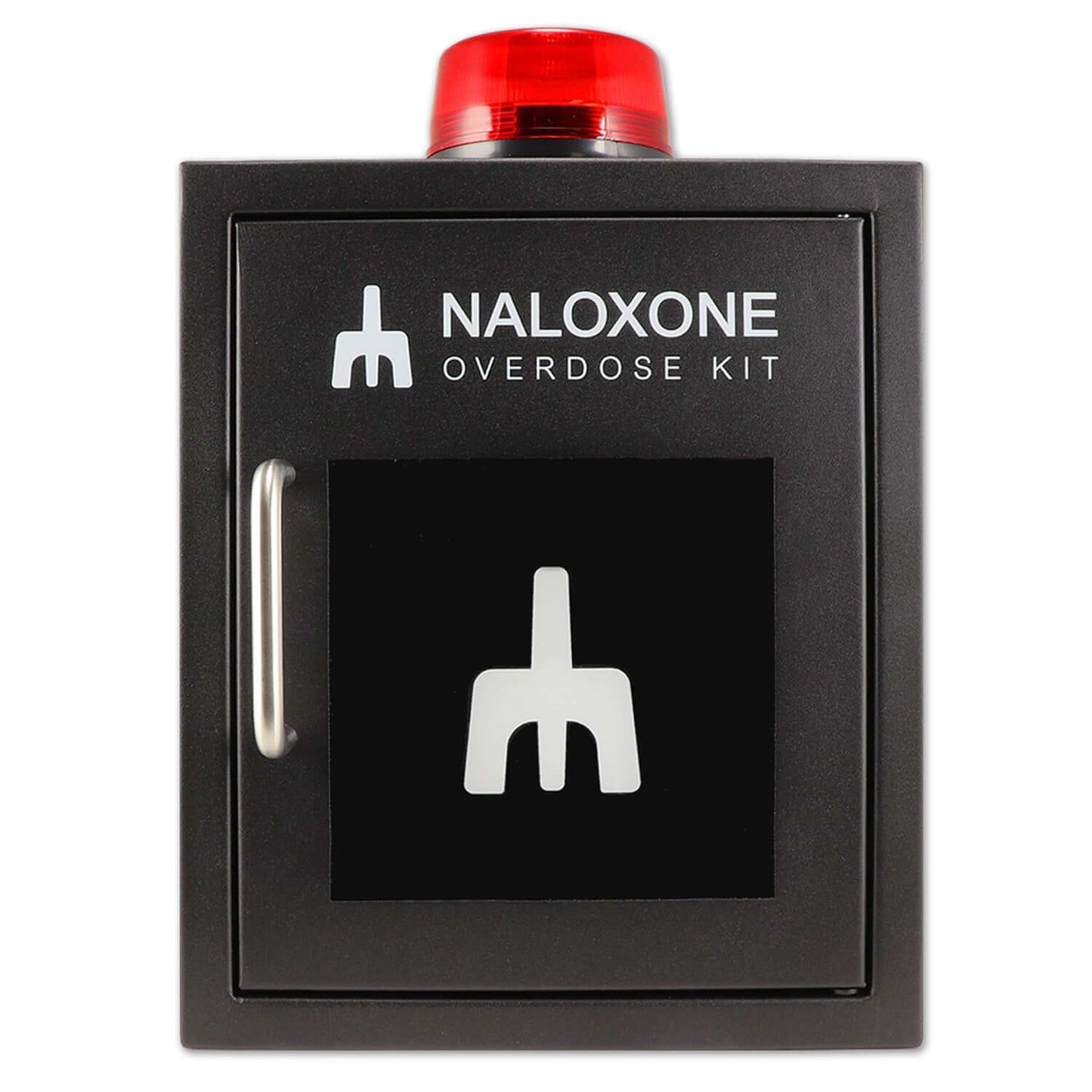 Naloxone Overdose Cabinet, Alarm and Strobe Light, Black, Metal for emergency access.
