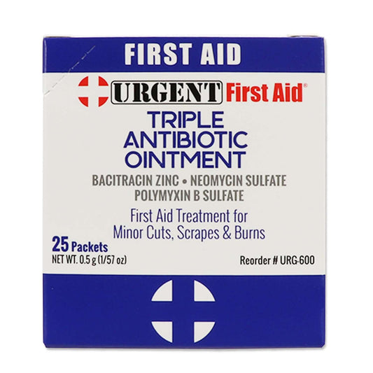 Triple Antibiotic Ointment, 0.5gm, 25 Packets Per Box packaging for first aid treatment of cuts and burns.