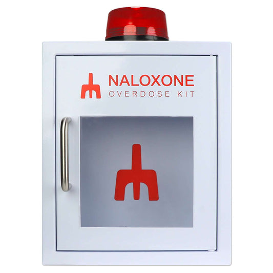 Naloxone Overdose Cabinet with alarm and clear window for visibility, designed for easy access in emergencies.