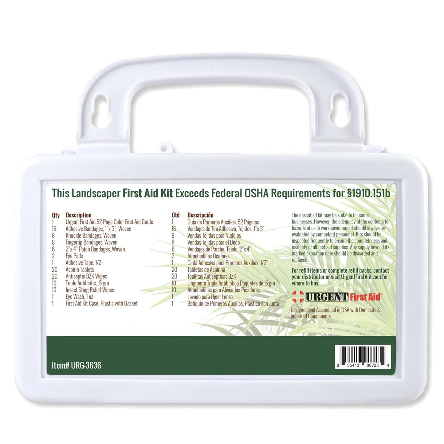 Landscaper's First Aid Kit 103 Piece, Plastic Case features OSHA compliance and essential supplies for outdoor emergencies.
