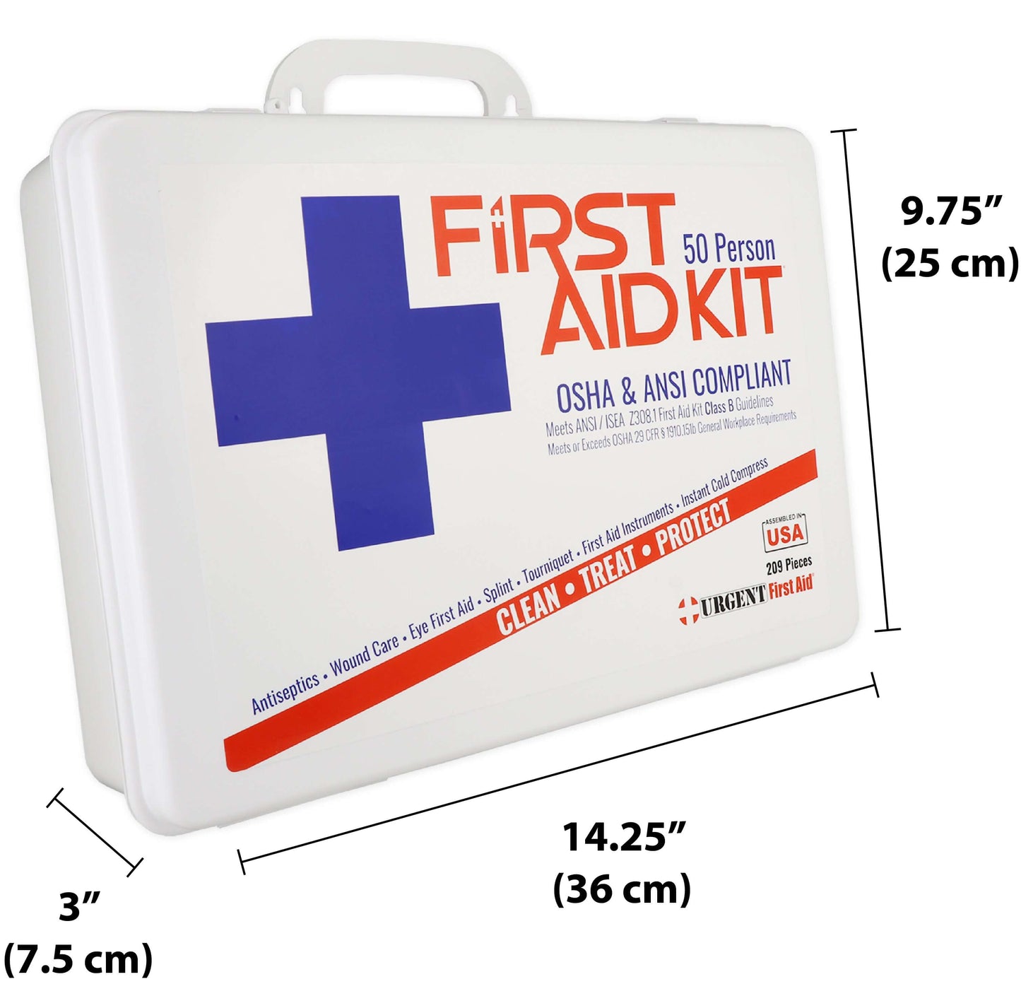 Bulk First Aid Kit, Plastic, 209 Pieces, ANSI B, 50 Person in durable plastic case for easy transport and wall mounting.