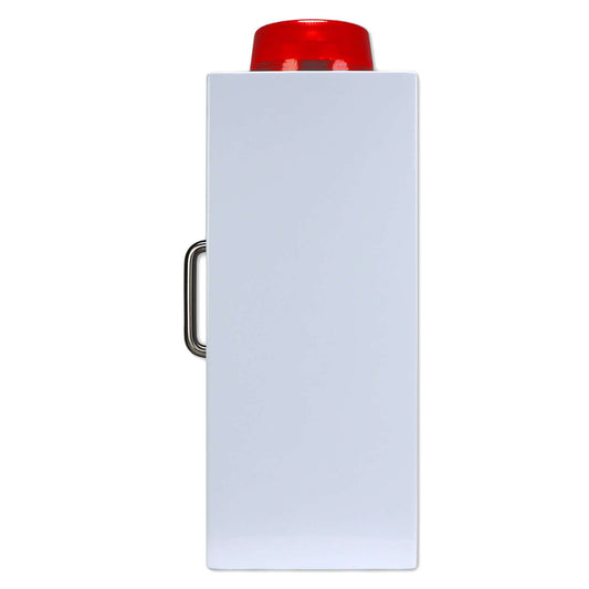Naloxone Overdose Cabinet with alarm and strobe light, white metal design for opioid emergency response.