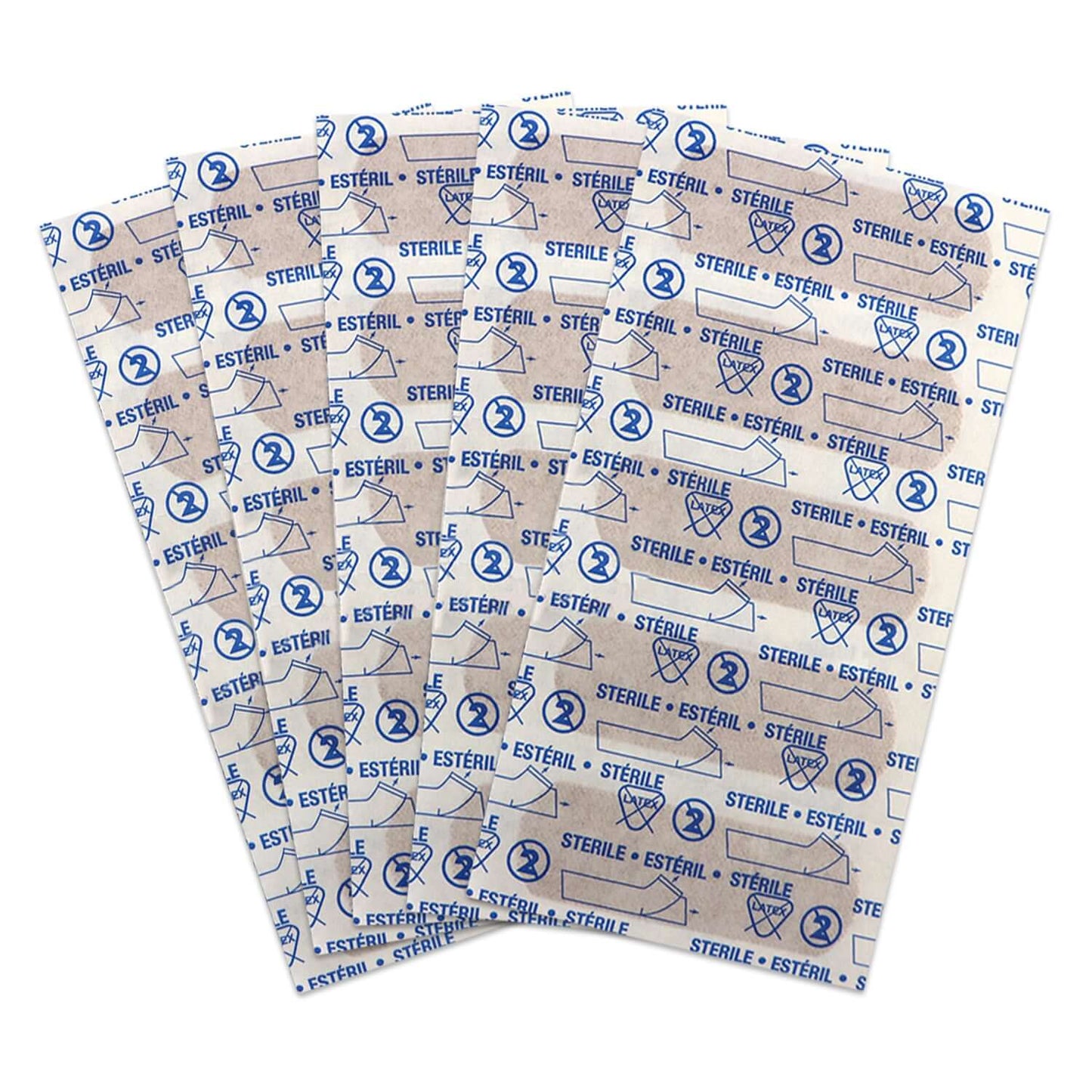 Adhesive Bandages packaging, displaying sterile bandage instructions and design for first aid use.