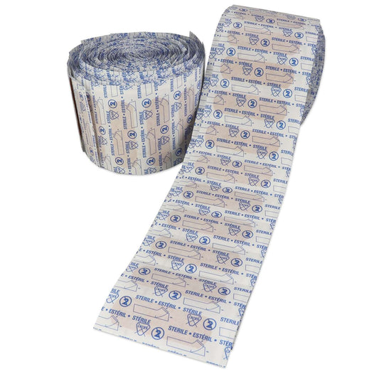 Adhesive Bandages in a roll, 1" x 3" plastic strips, sterile, ready for first aid use.