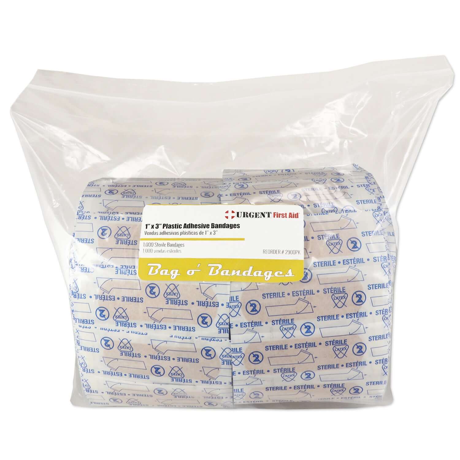 Adhesive Bandages, 1" x 3" plastic strips packaged in a reclosable poly bag, 1000 per bag.