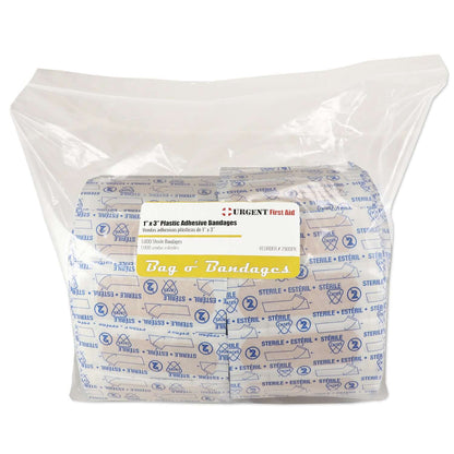 Adhesive Bandages, 1" x 3" plastic strips packaged in a reclosable poly bag, 1000 per bag.