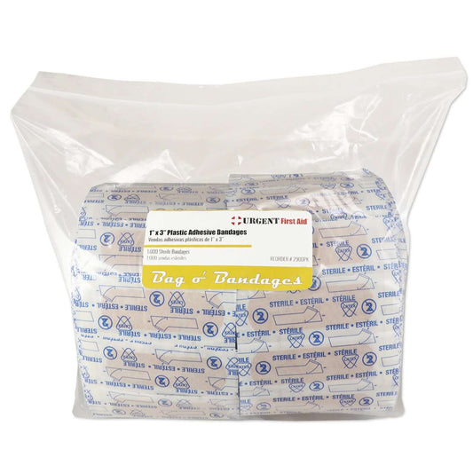 Adhesive Bandages, 1" x 3" plastic strips packaged in a reclosable poly bag, 1000 per bag.
