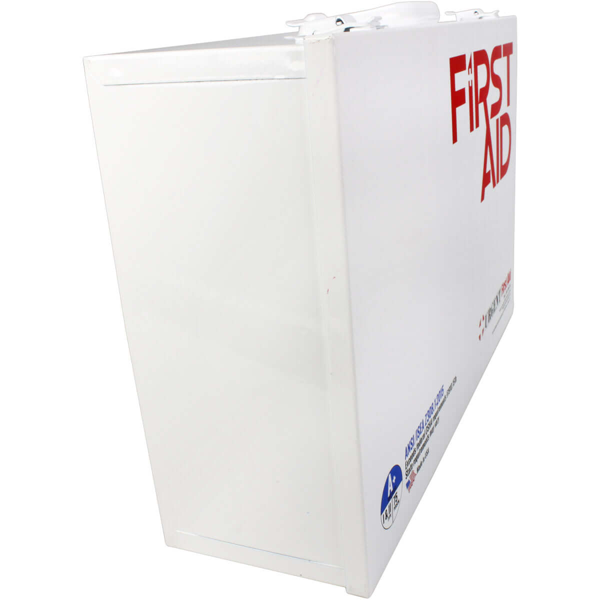 Side profile of white metal case of ANSI A first aid cabinet with 2 shelves of 1st aid and medical supplies including medication.