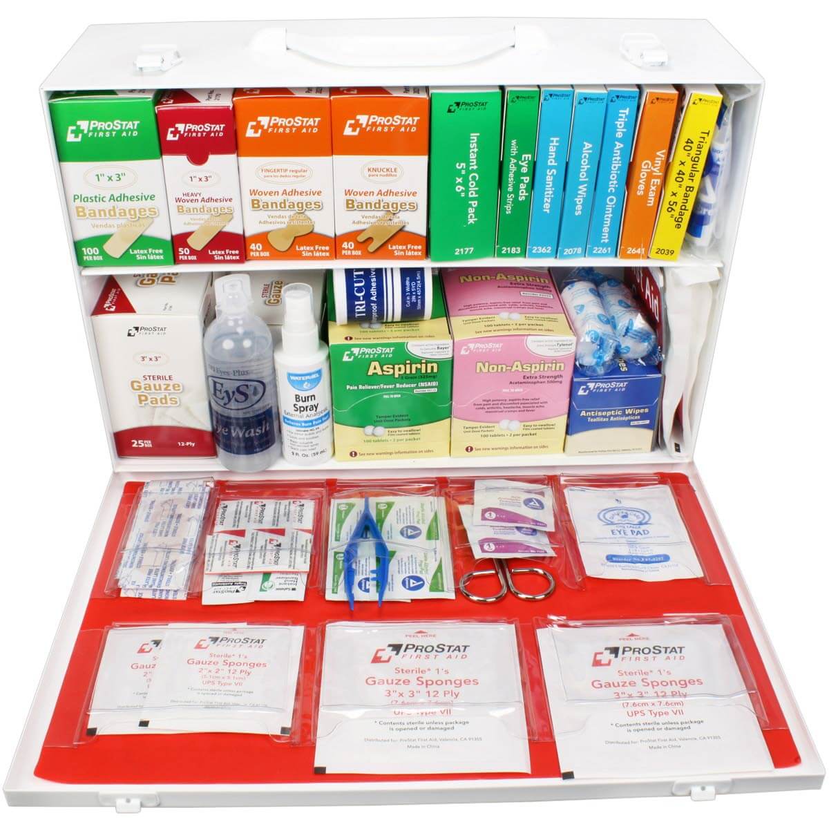 2 Shelf Industrial ANSI A+ First Aid Cabinet for school, offices, warehouses, construction site extra large comprehensive first aid kit with door open.