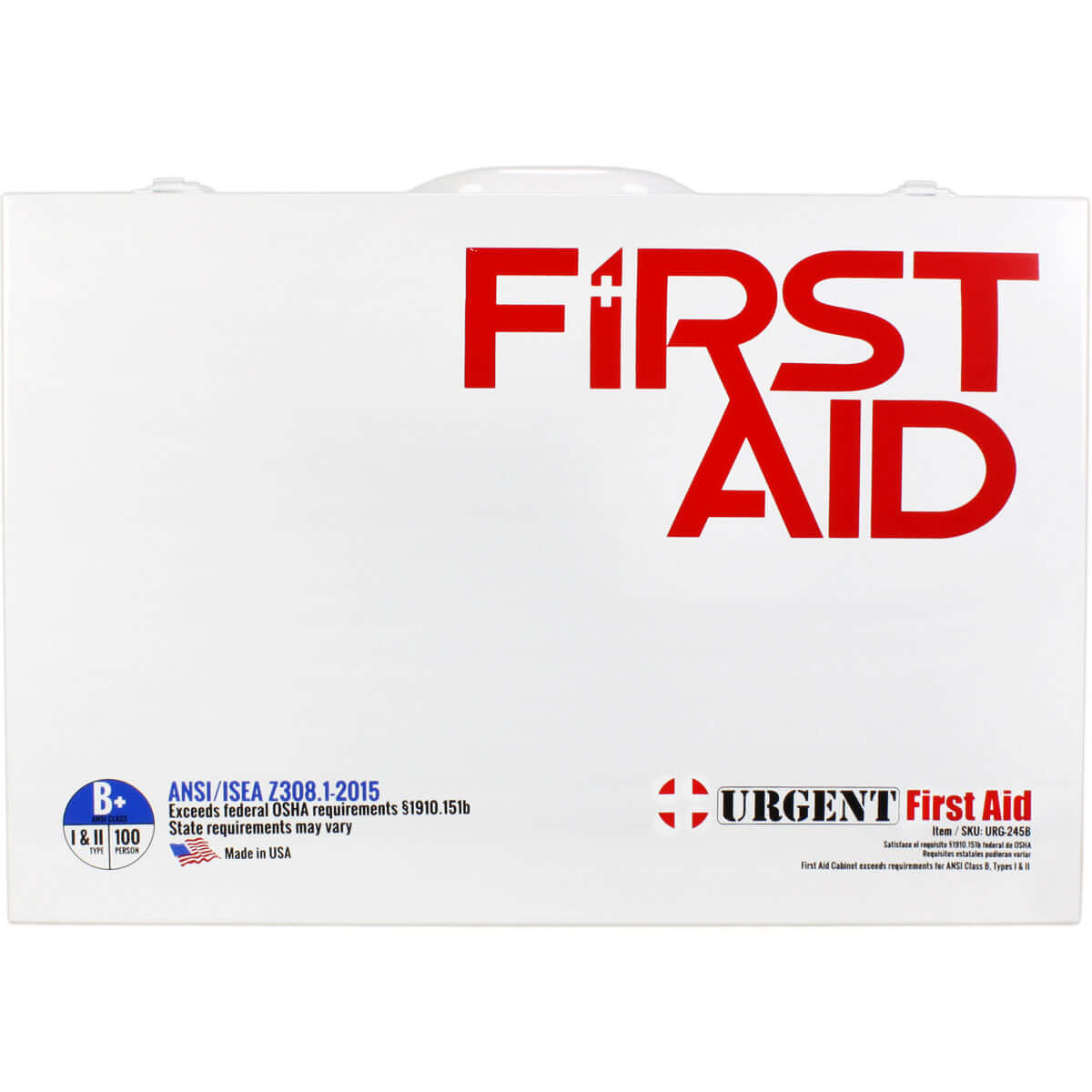 Metal white case of Industrial ANSI B+ First Aid Station with 2 shelves of first aid supplies
