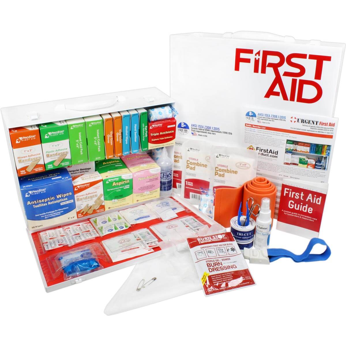2 Shelf Industrial ANSI B+ First Aid Cabinet for school, offices, warehouses, construction site extra large comprehensive first aid kit with door open.