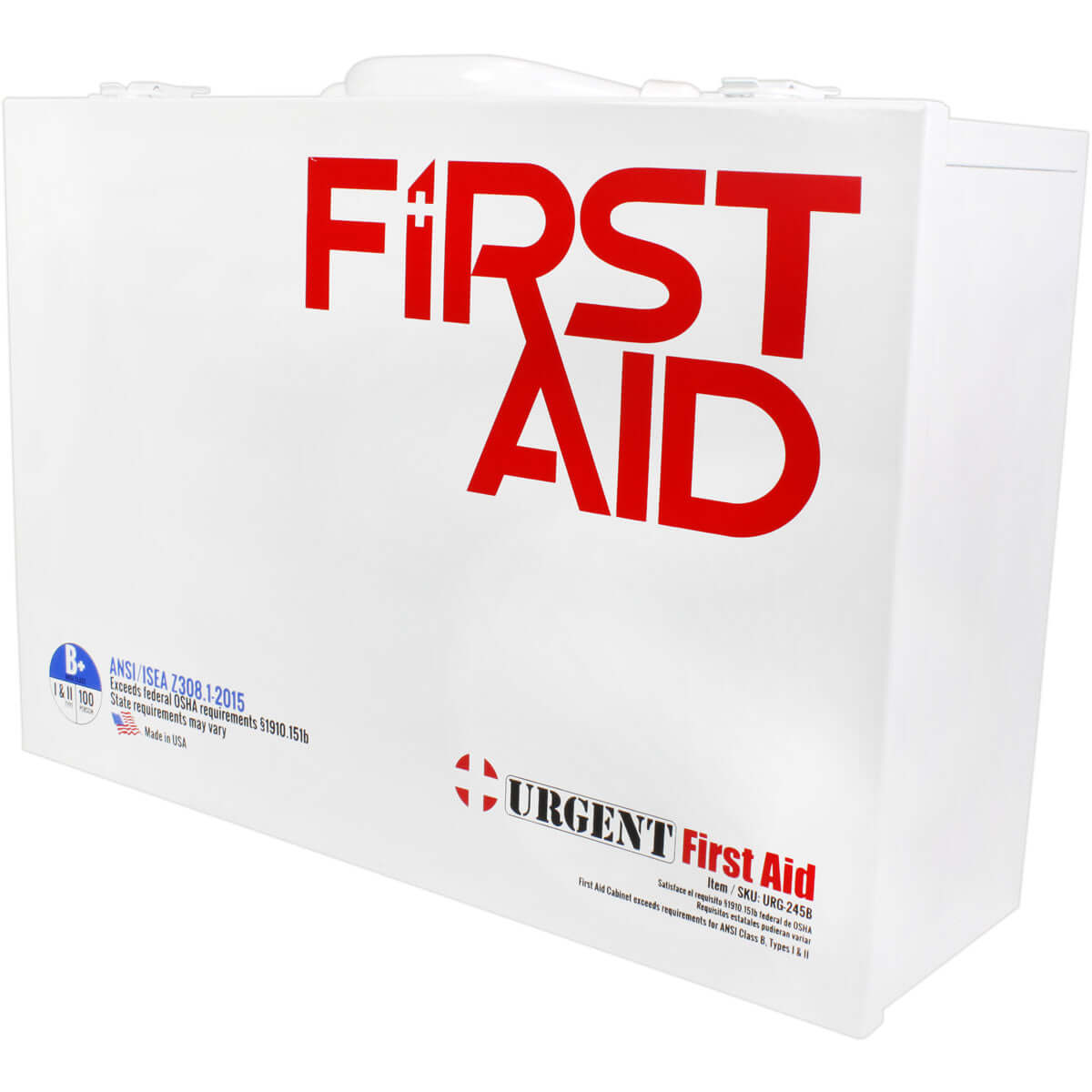 Side profile of white metal case of ANSI B first aid cabinet with 2 shelves of 1st aid and medical supplies including medication.