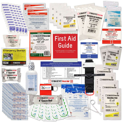 Bulk First Aid Kit, Plastic, 209 Pieces, ANSI B, 50 Person items displayed with a First Aid Guide and various emergency supplies.