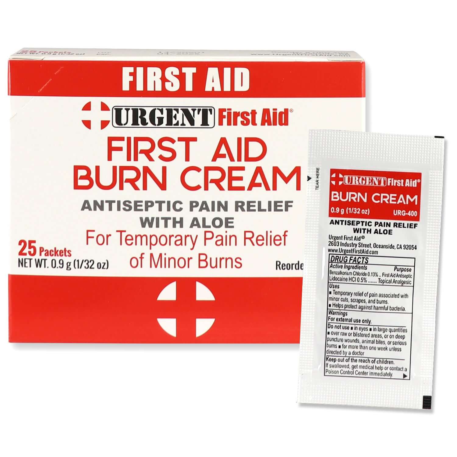 First Aid Burn Cream .9gram, 25 Packets Per Box - Antiseptic pain relief for minor burns and injuries.
