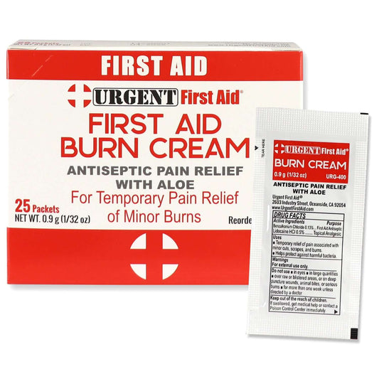 First Aid Burn Cream .9gram, 25 Packets Per Box - Antiseptic pain relief for minor burns and injuries.