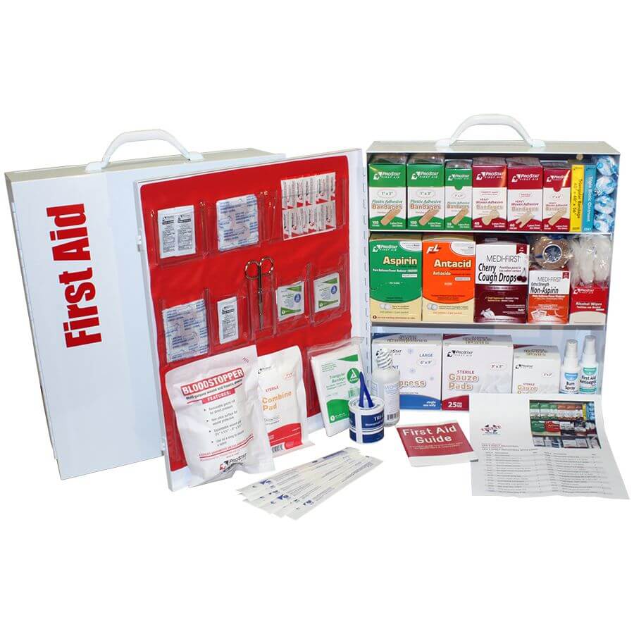 3 Shelf Industrial ANSI A+ First Aid Cabinet for school, offices, warehouses, construction site extra large comprehensive first aid kit with door open.