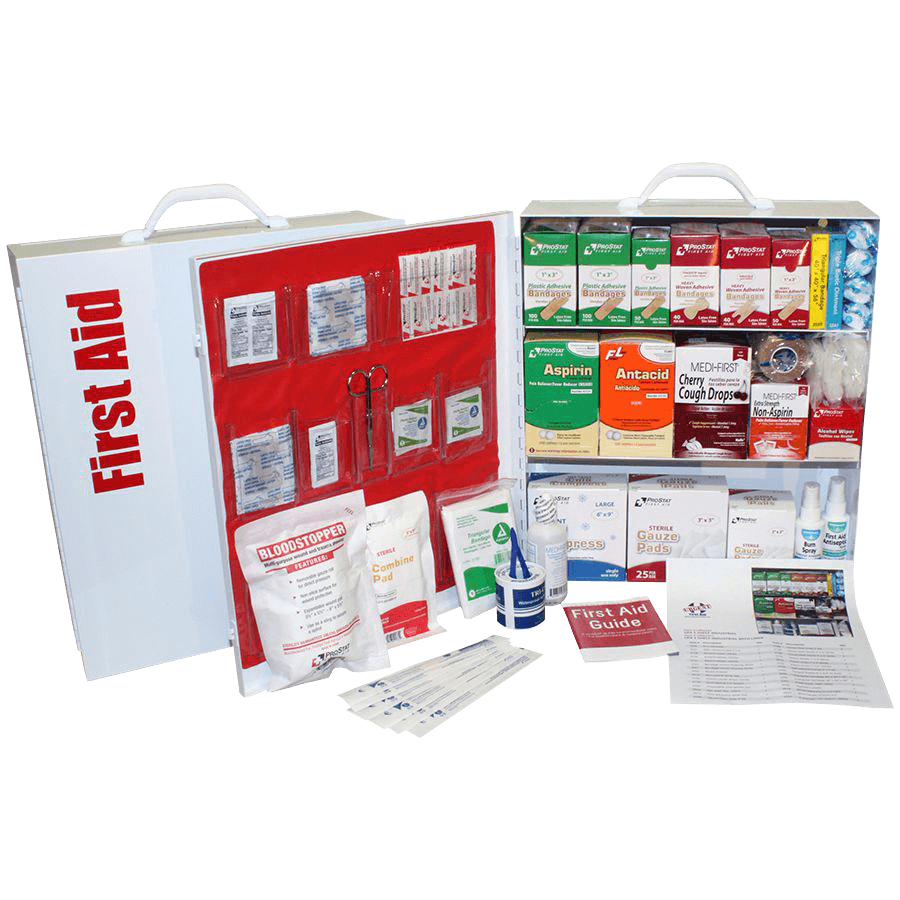 3-Shelf commercial ANSI A+ First Aid cabinet with Door Pockets metal white door open