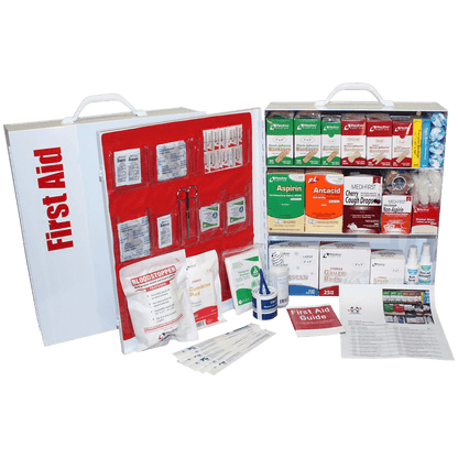 3-Shelf commercial ANSI A+ First Aid cabinet with Door Pockets metal white door open