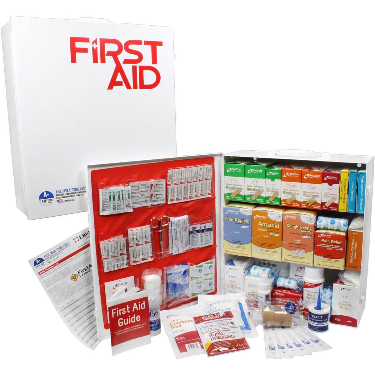URG-247L 3 Shelf Industrial ANSI A+ First Aid Station with Door sleeve showcasing all first aid components