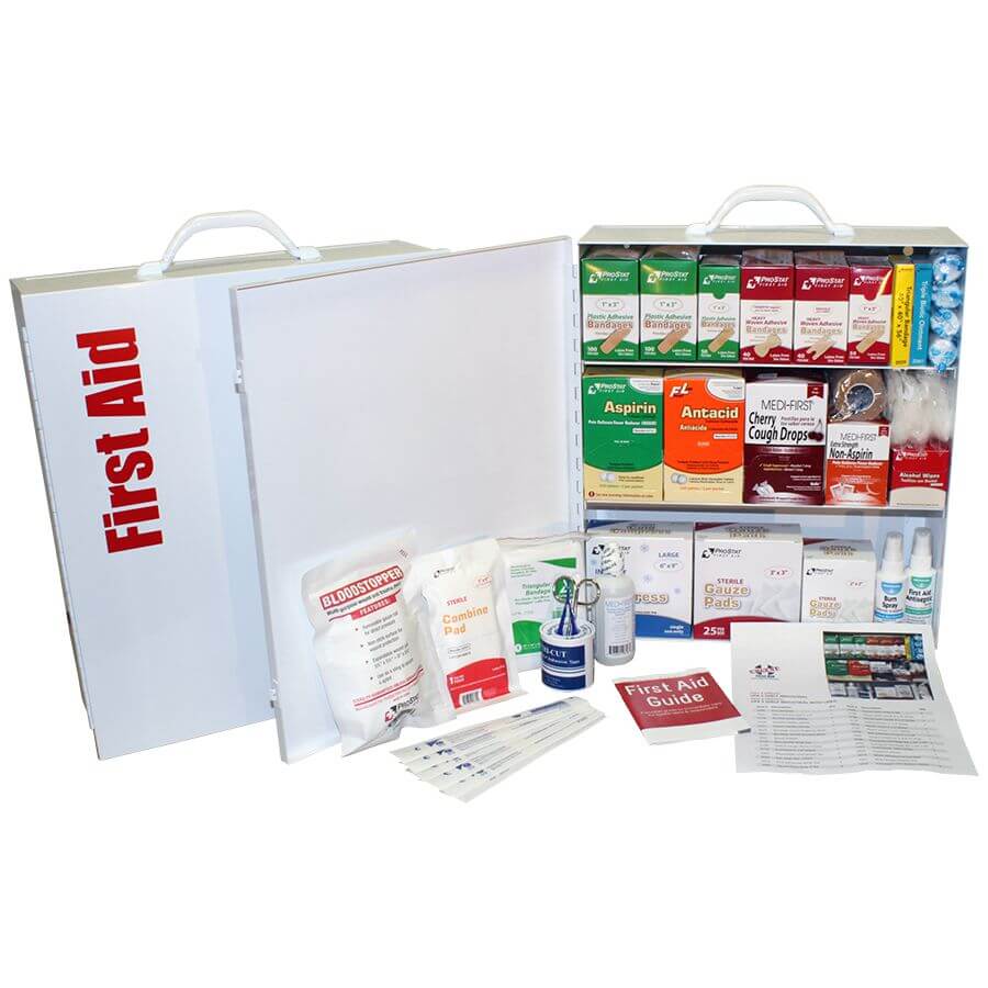 first aid cabinet station with 3 shelves door open showing first aid station medications and first aid components