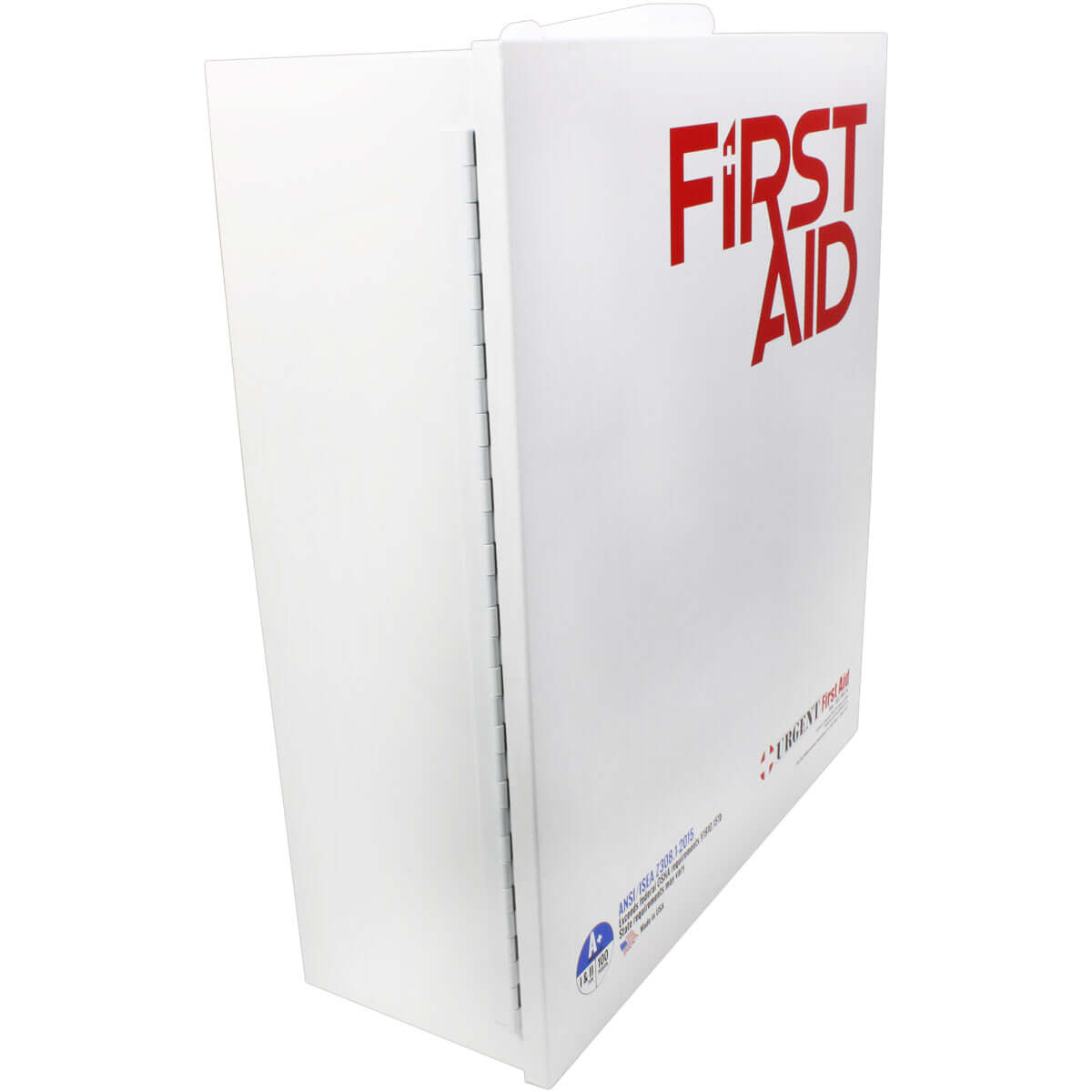 Side profile 3 Shelf Industrial ANSI A+ First Aid Station with Door Pockets Urgent First Aid white metal case