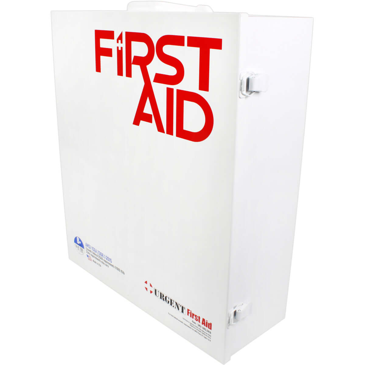 Side profile of white metal case of ANSI B first aid cabinet with 3 shelves of 1st aid and medical supplies including medication.