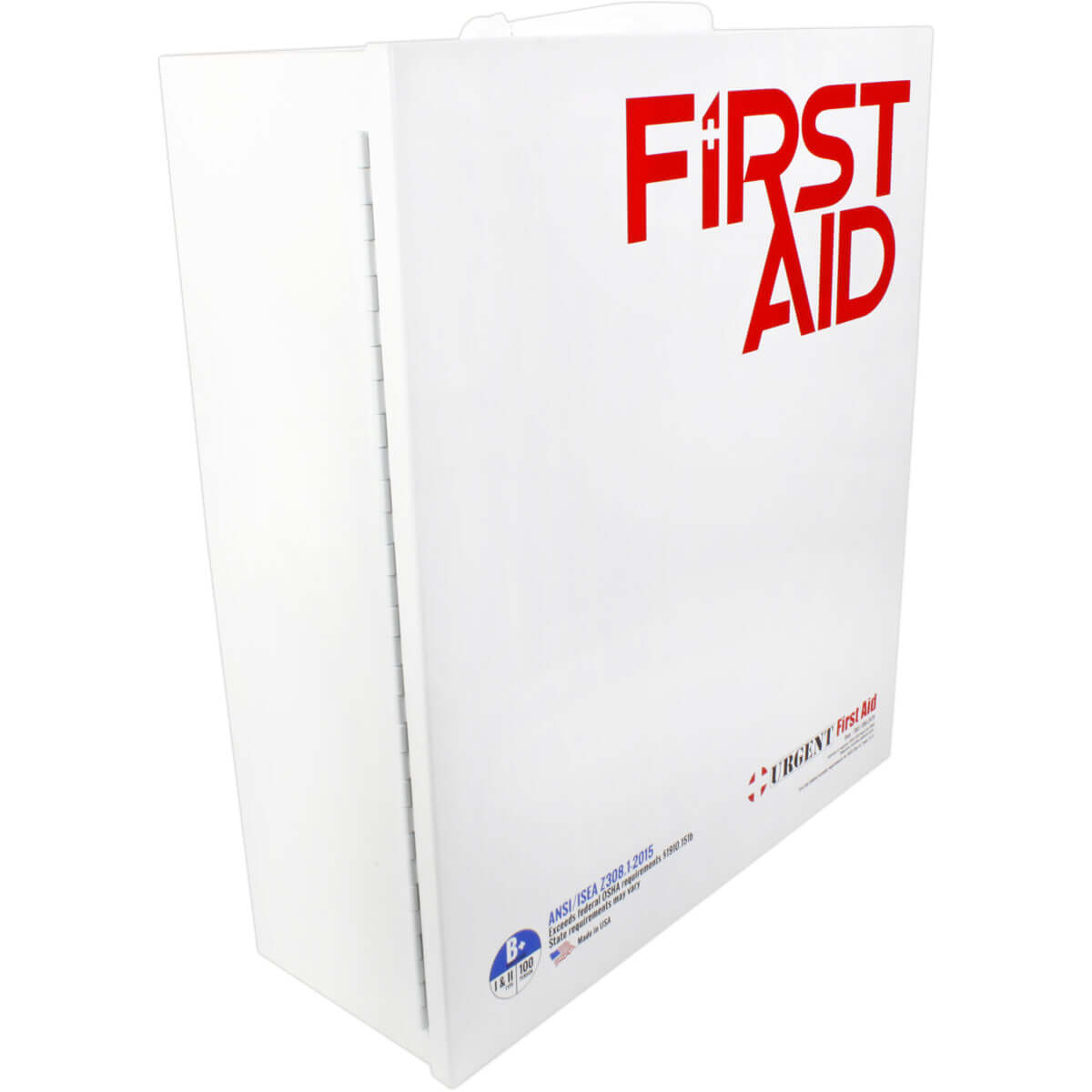Side profile 3 Shelf Industrial ANSI B+ First Aid Station with Door Pockets Urgent First Aid white metal case