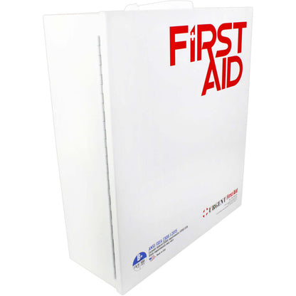 Side profile 3 Shelf Industrial ANSI B+ First Aid Station with Door Pockets Urgent First Aid white metal case