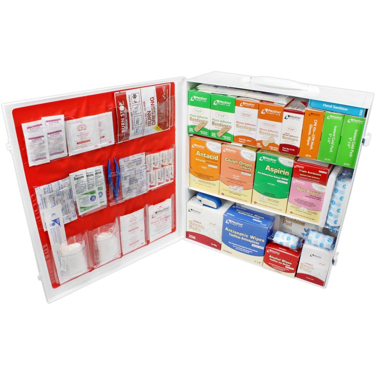 3 Shelf Industrial ANSI B+ First Aid Cabinet for school, offices, warehouses, construction site extra large comprehensive first aid kit with door open.
