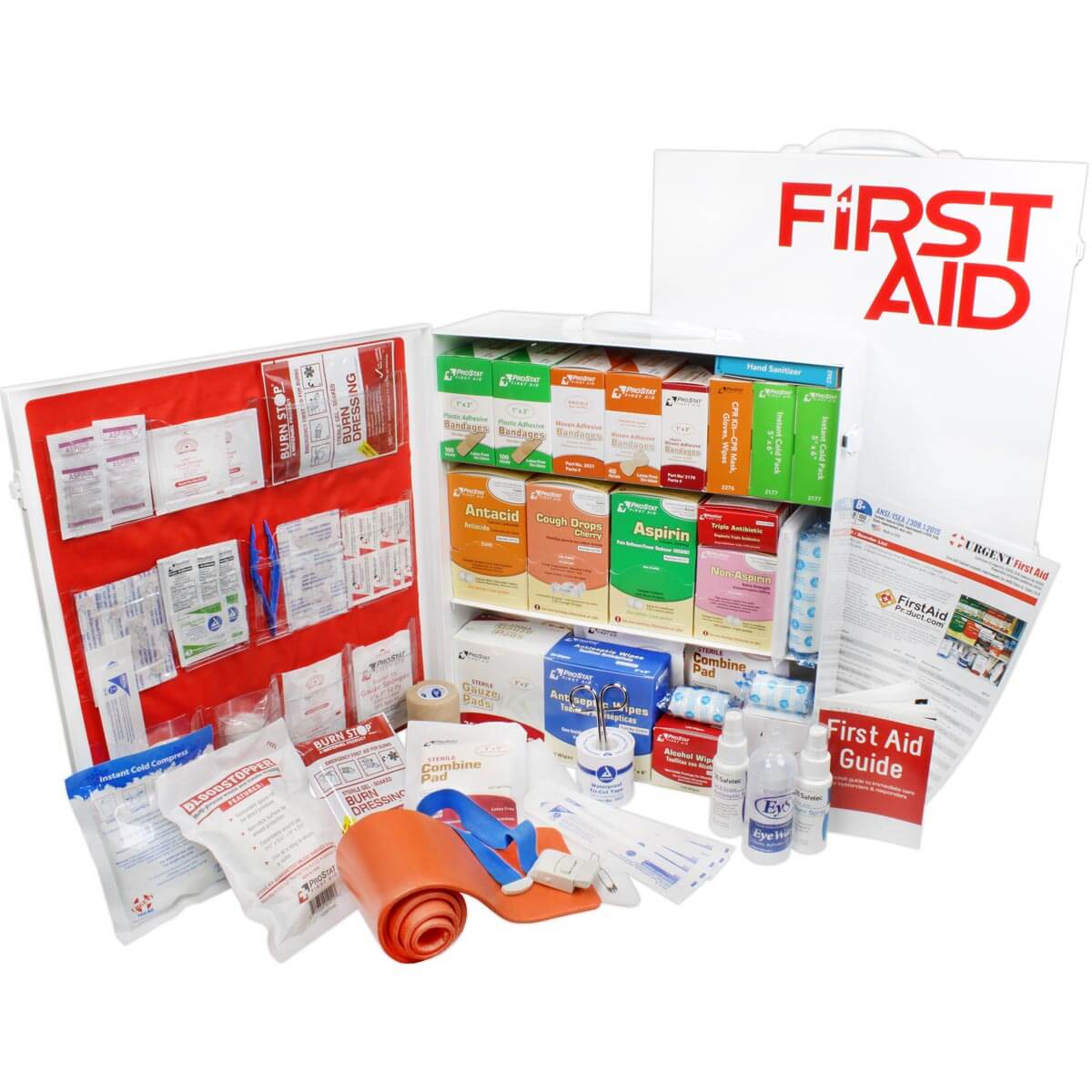first aid cabinet station with 3 shelves door open showing first aid station medications and first aid components ANSI B