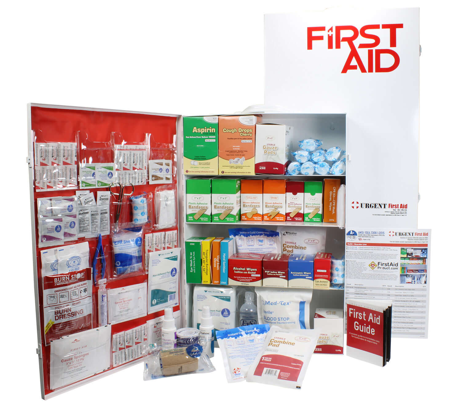 URG-248L 4 Shelf Industrial ANSI A+ First Aid Station with Door sleeve showcasing all first aid components