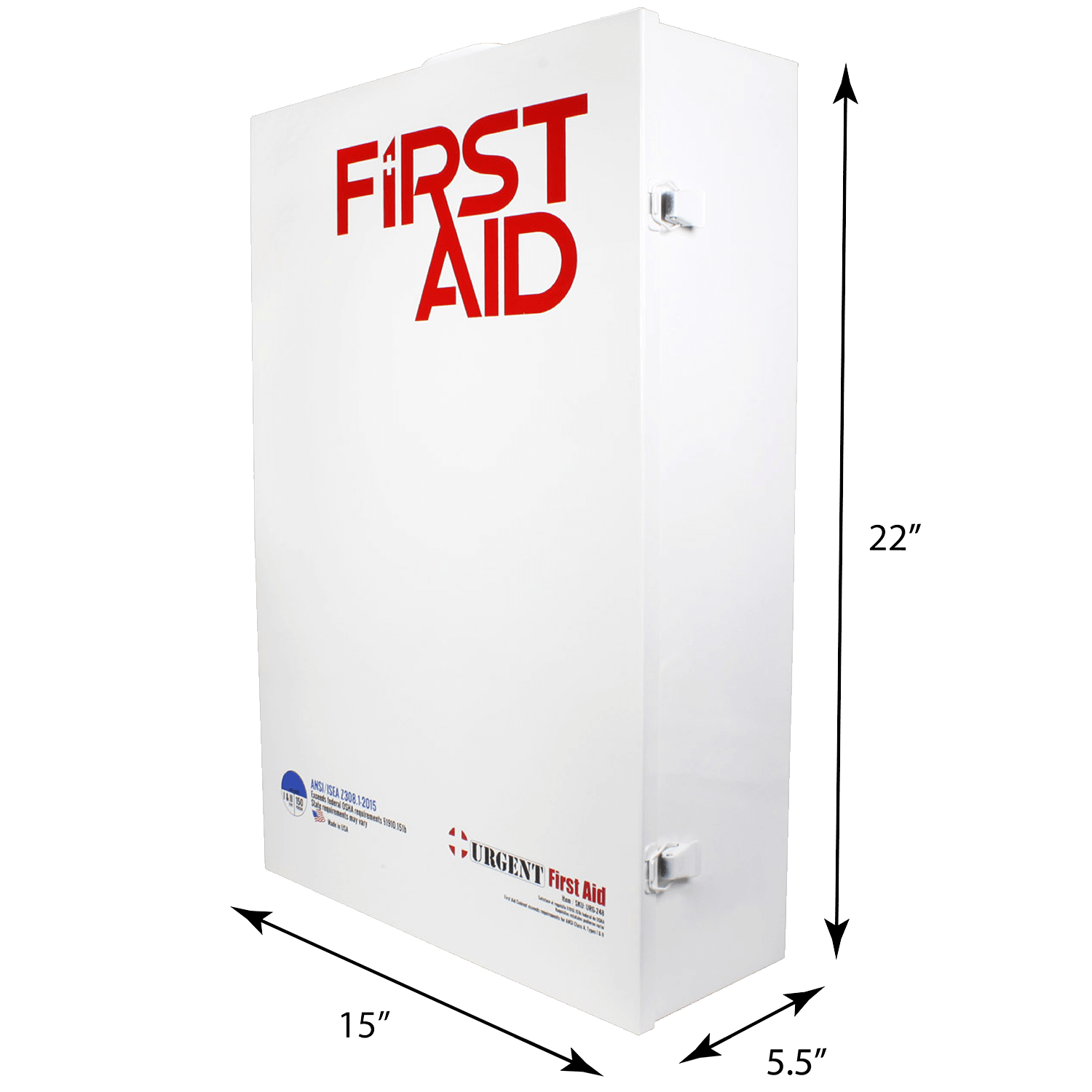 Measurements for ANSI B first aid box station metal case white with red first aid logo stainless steel 1st aid cabinet.