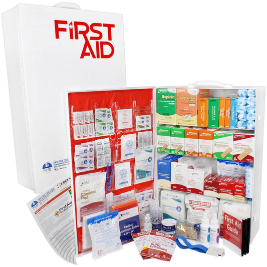 URG-248B 4 Shelf Industrial ANSI B+ First Aid Station with Door sleeve showcasing all first aid components