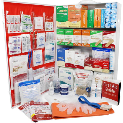 4 Shelf commercial ANSI B+ First Aid cabinet with Door Pockets metal white door open