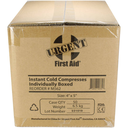Urgent First Aid Branded carton of 50 individual retail box of instant ice packs for school, office and construction sites