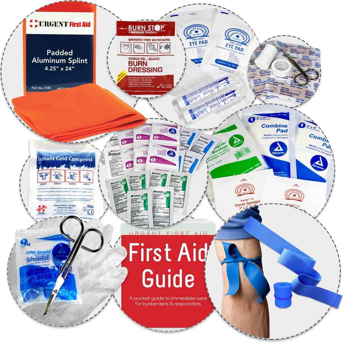 First aid items inside the ANSI B first aid cabinet by Urgent First Aid including first aid guide book, bandages, topicals and medication