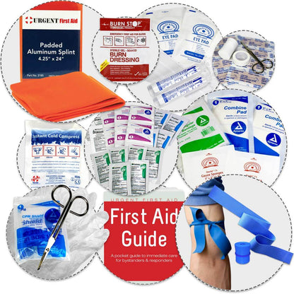 First aid items inside the ANSI B first aid cabinet by Urgent First Aid including first aid guide book, bandages, topicals and medication