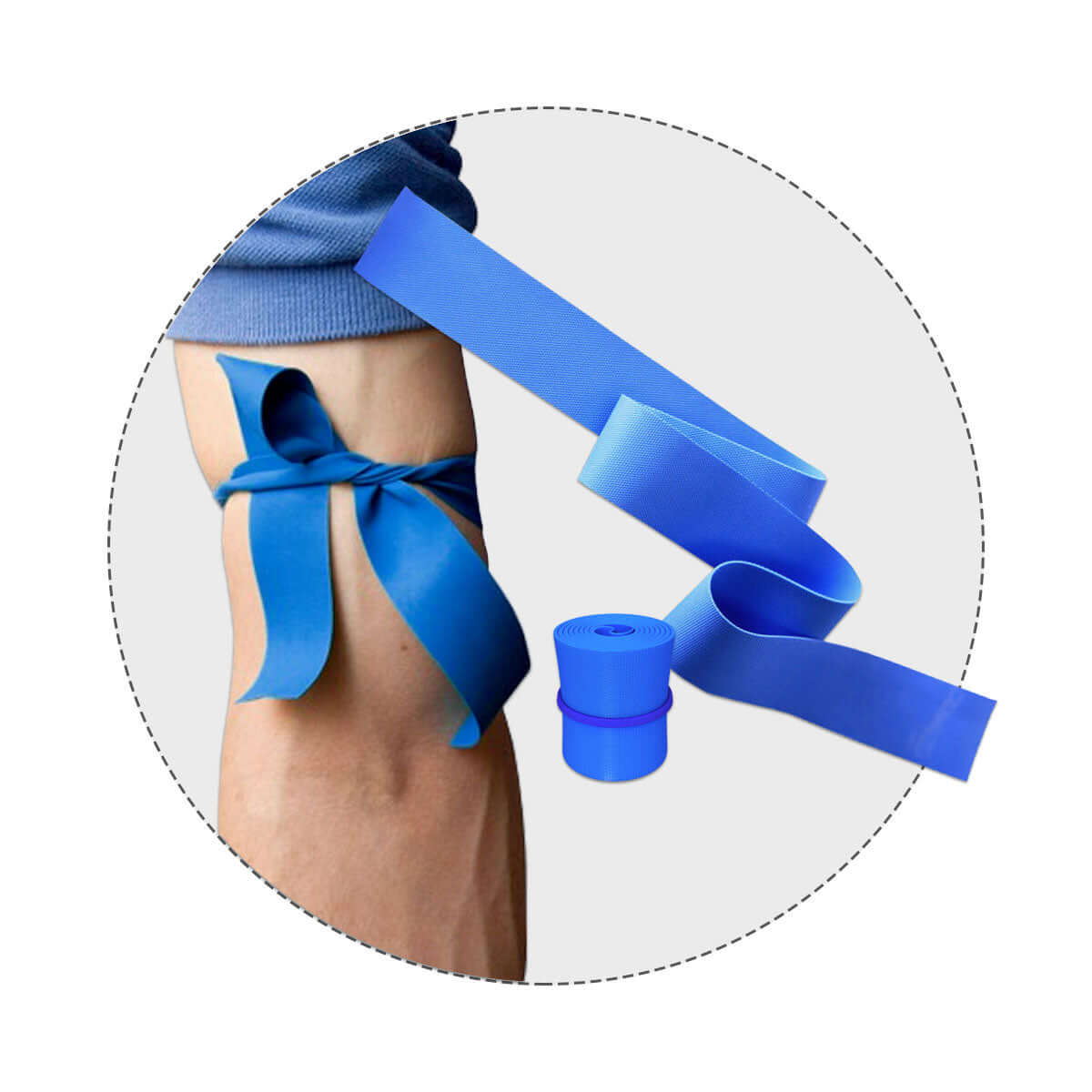 Elastic blue tourniquet in ANSI B+ 5 shelf first aid cabinet 