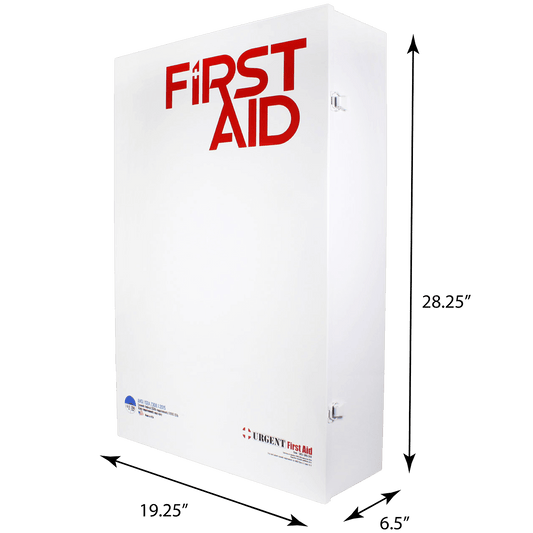 Extra large 5 Shelf Business and School ANSI A+ First Aid Station with Door Pockets dimensions of heavy duty metal case. 