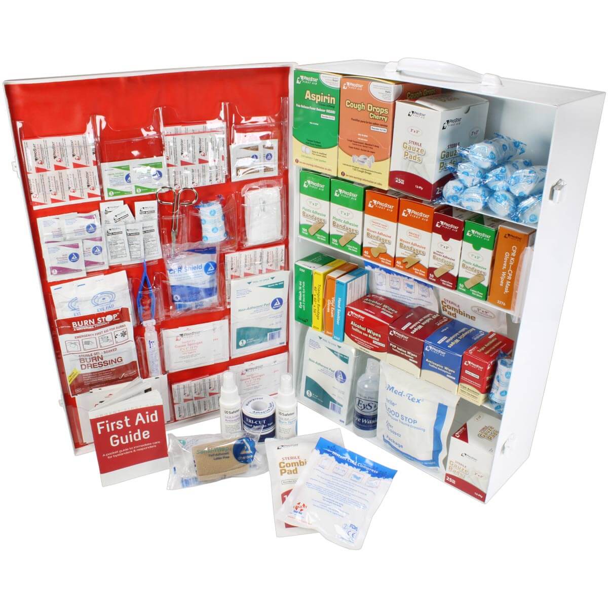 4 Shelf commercial ANSI A+ First Aid cabinet with Door Pockets metal white door open