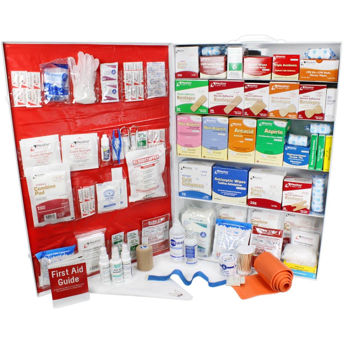 URG-249L 5 Shelf Industrial ANSI B+ First Aid Cabinet for school, offices, warehouses, construction site extra large comprehensive first aid kit with door open.